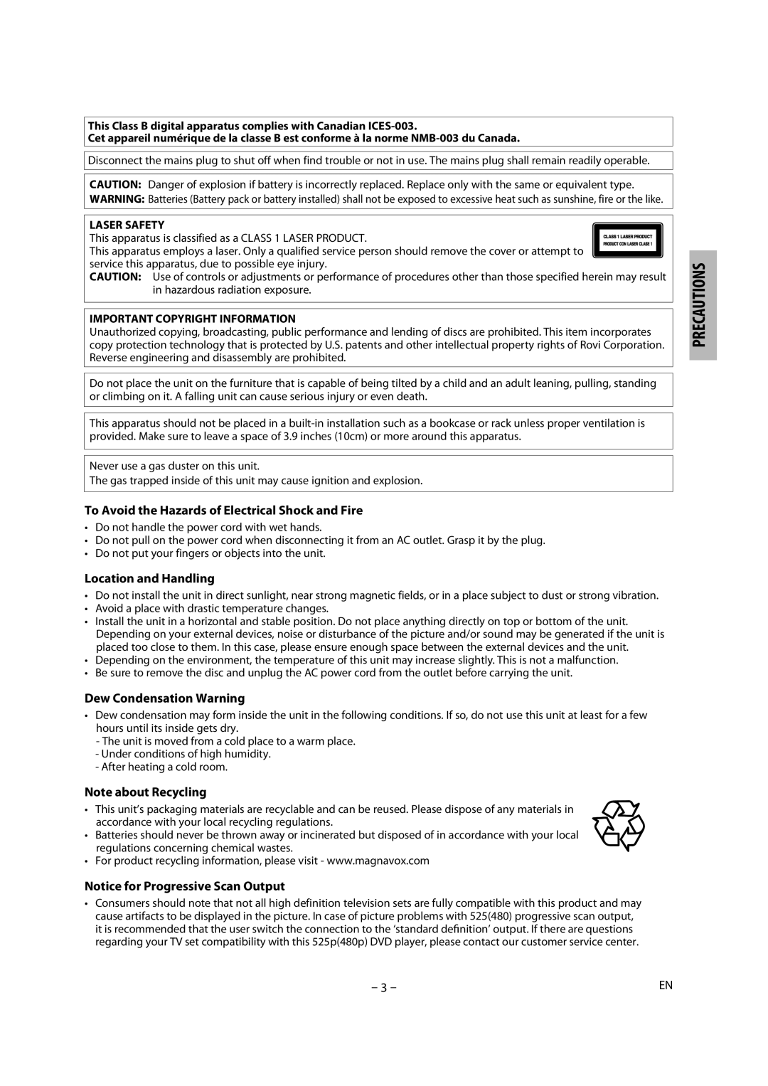 Magnavox MDV2300 owner manual Laser Safety, Important Copyright Information, Avoid a place with drastic temperature changes 