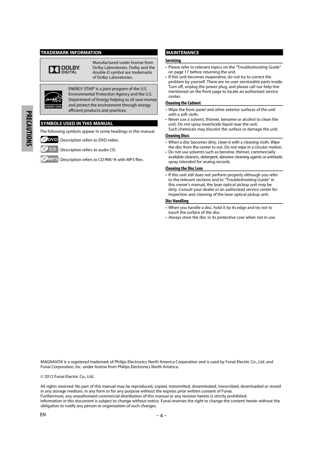 Magnavox MDV2300 owner manual Servicing, Cleaning the Cabinet, Cleaning Discs, Cleaning the Disc Lens Disc Handling 