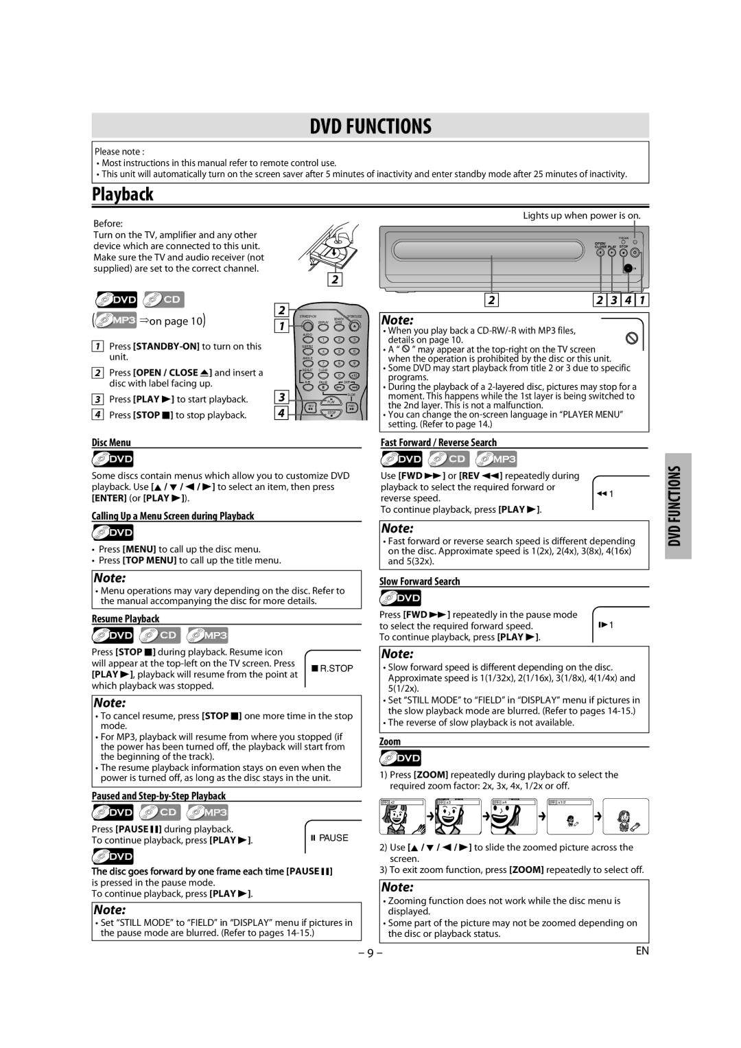 Magnavox MDV2300 owner manual DVD Functions, Playback, DVD F Unctions 