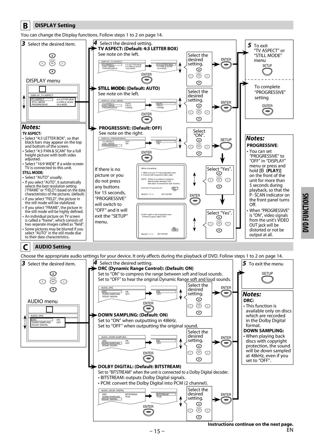 Magnavox MDV2400 owner manual Display Setting, Display menu, Audio Setting 