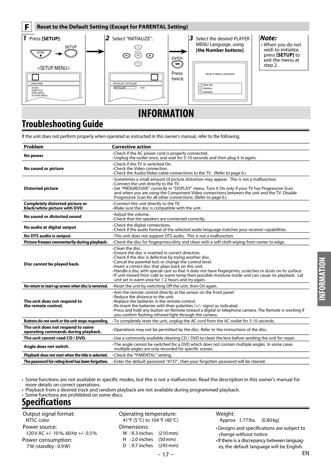 Magnavox MDV2400 owner manual Information, Specifications, Reset to the Default Setting Except for Parental Setting 