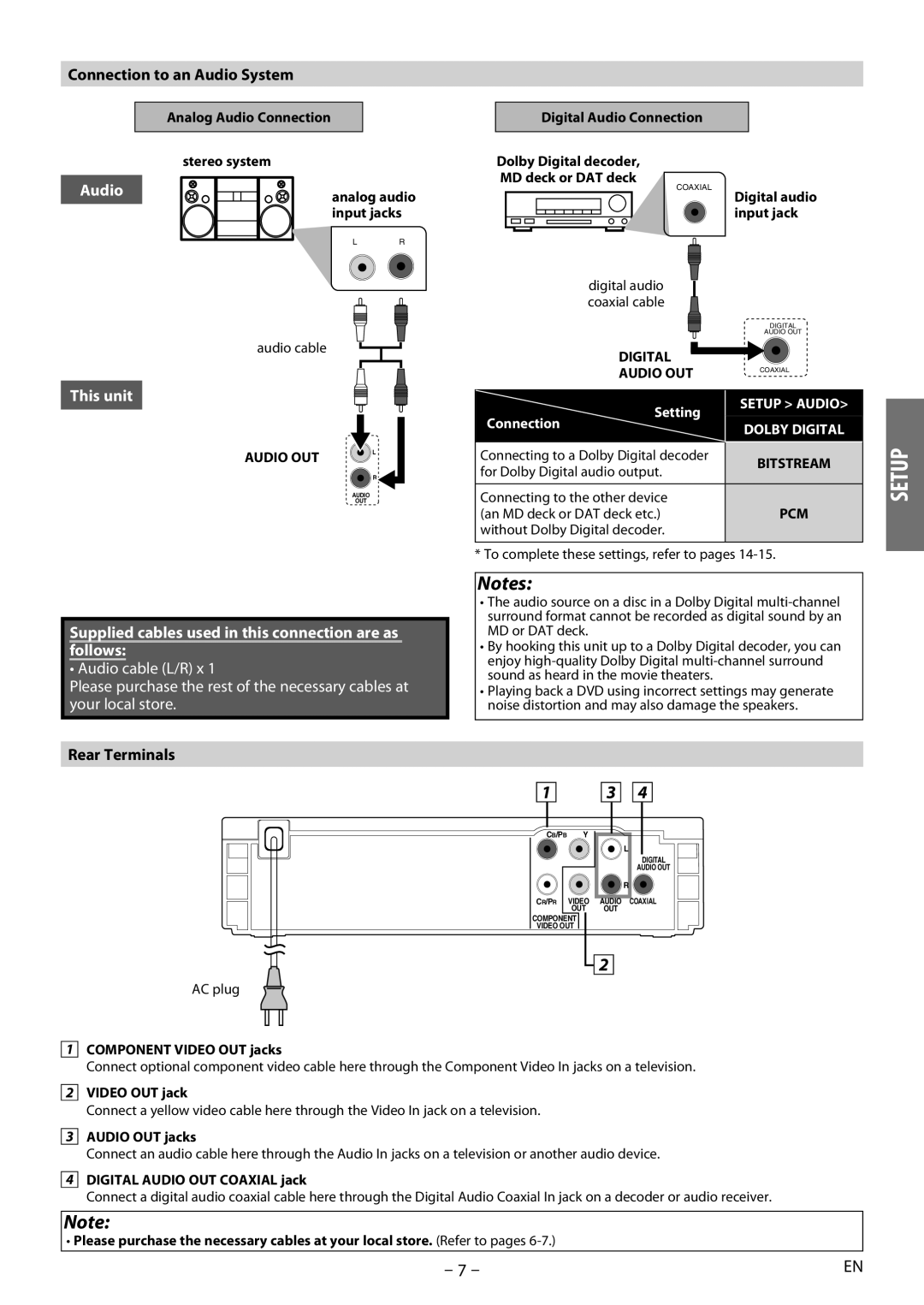 Magnavox MDV2400 owner manual Connection to an Audio System, Rear Terminals, Digital Audio OUT 