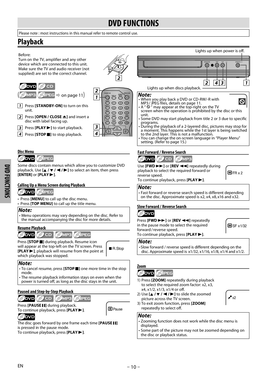 Magnavox MDV3000/F7 owner manual DVD Functions, Playback 