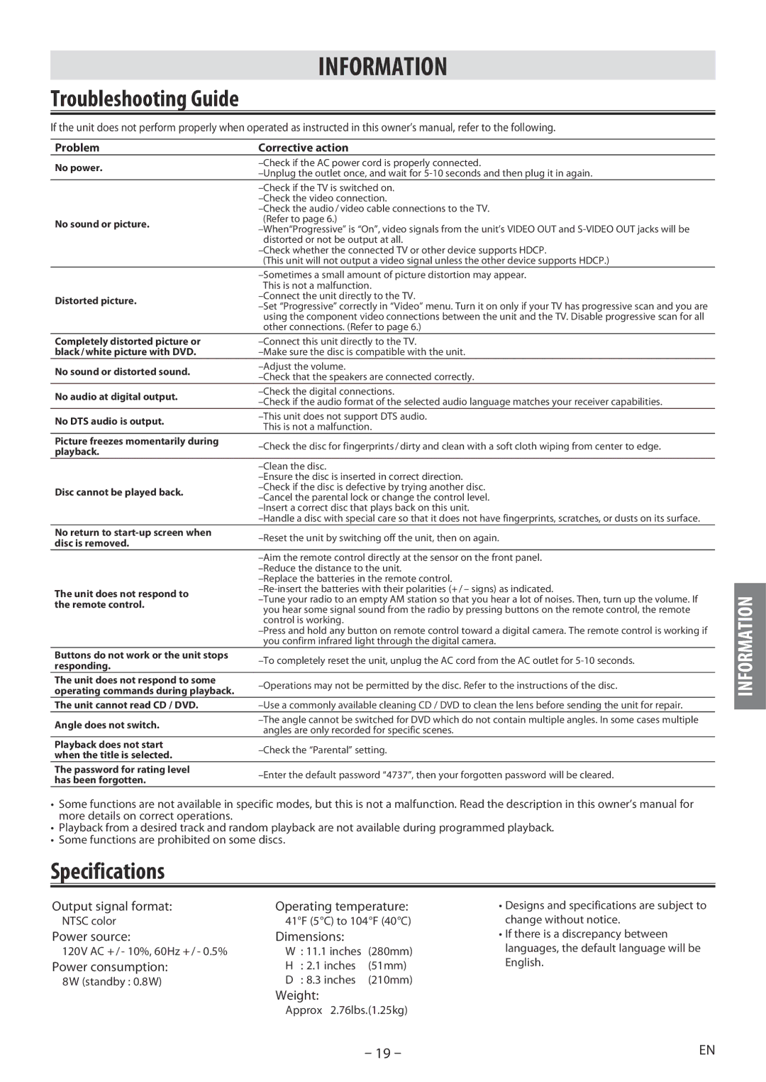 Magnavox MDV3000/F7 owner manual Information, Troubleshooting Guide, Specifications 