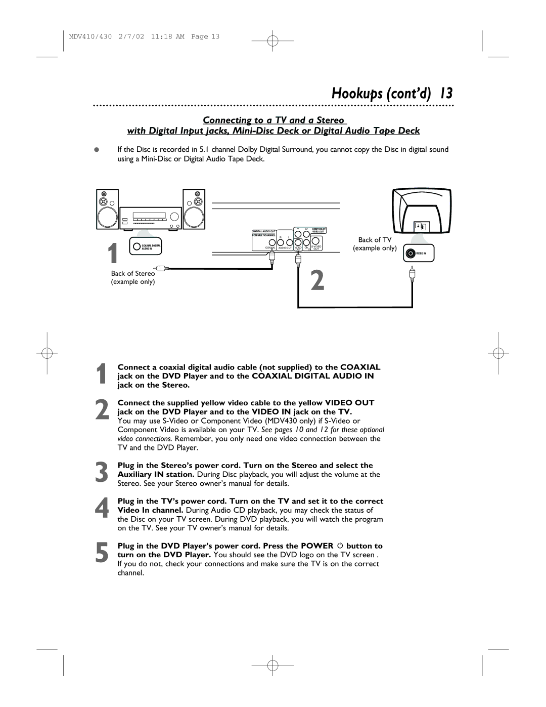 Magnavox MDV430, MDV410 owner manual Back of Stereo example only 