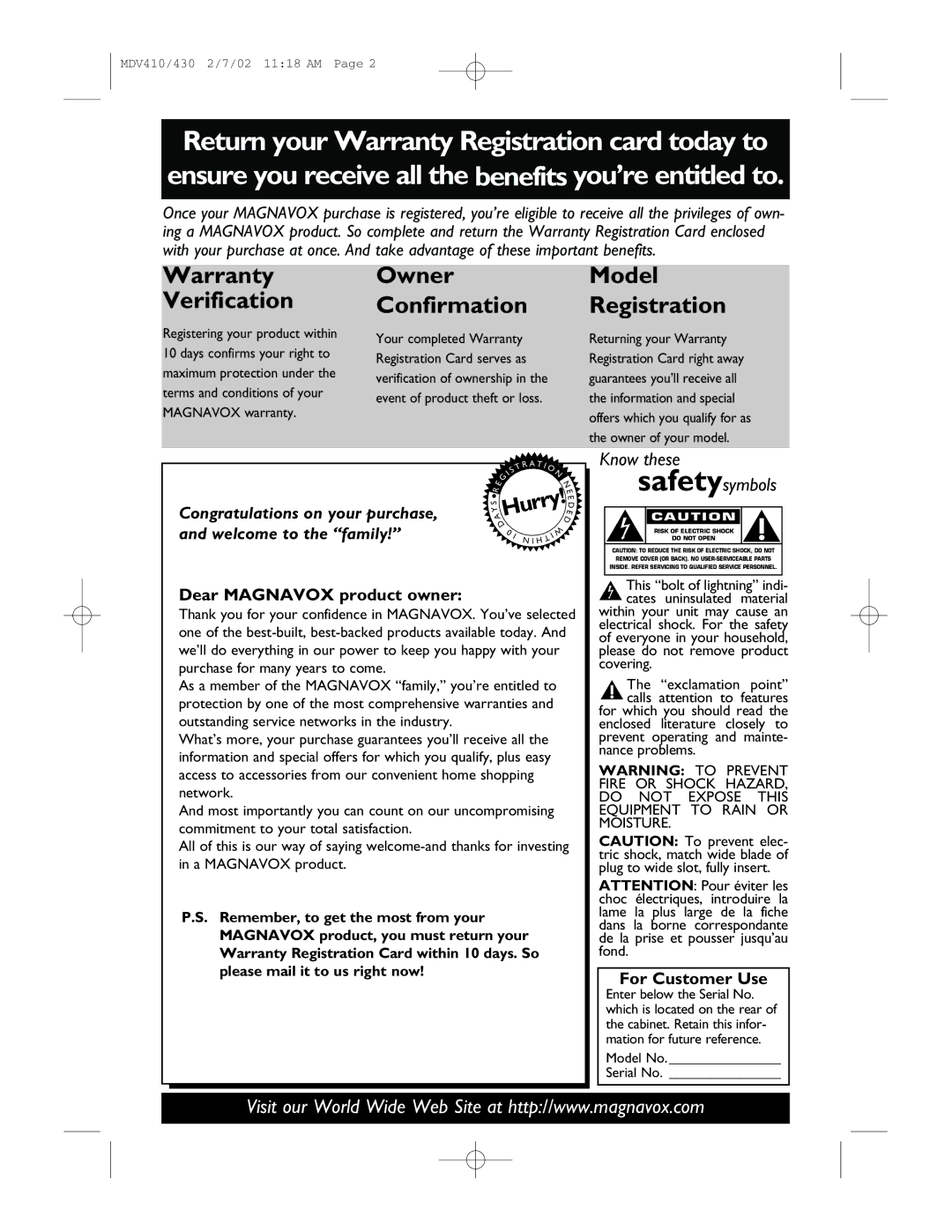 Magnavox MDV410, MDV430 owner manual Dear Magnavox product owner, For Customer Use, Model No Serial No 