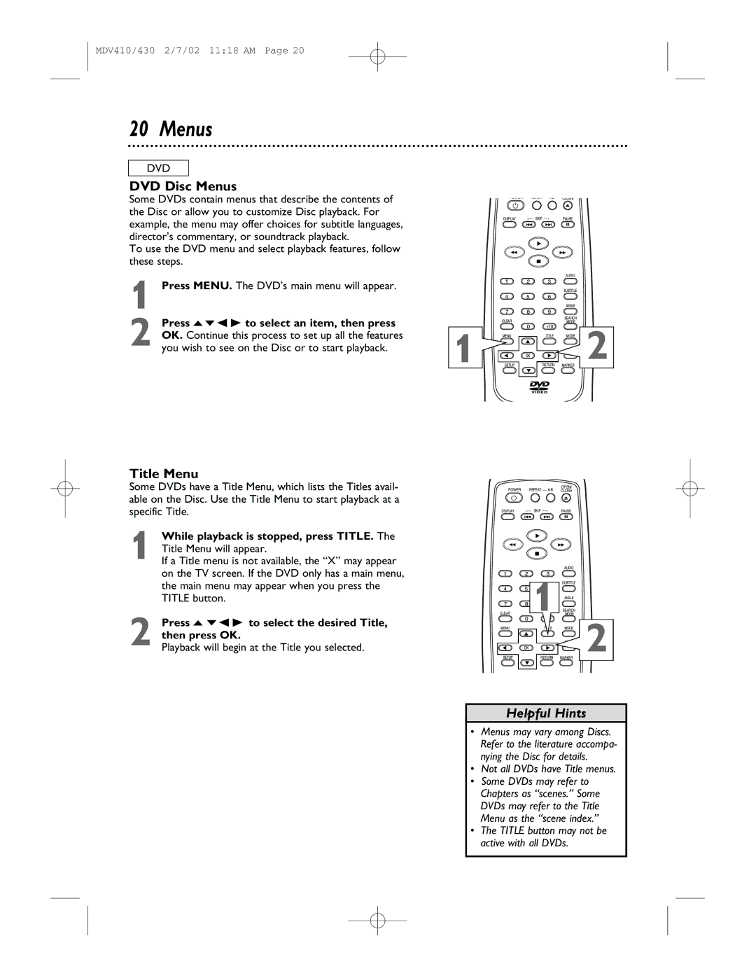 Magnavox MDV410, MDV430 owner manual DVD Disc Menus, Title Menu 