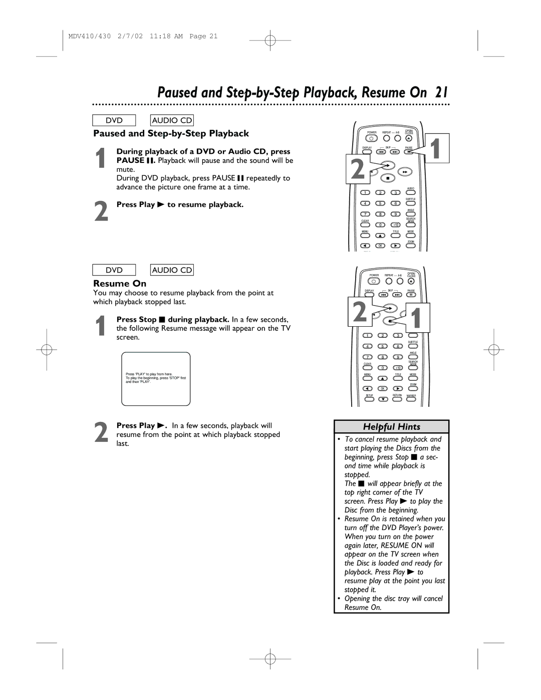 Magnavox MDV430, MDV410 owner manual Paused and Step-by-Step Playback, Resume On 