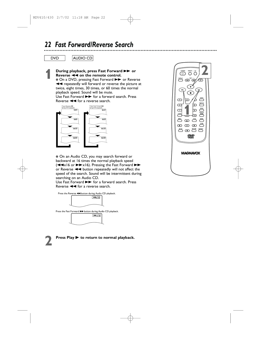 Magnavox MDV410 Fast Forward/Reverse Search, During playback, press Fast Forward g or, Reverse h on the remote control 