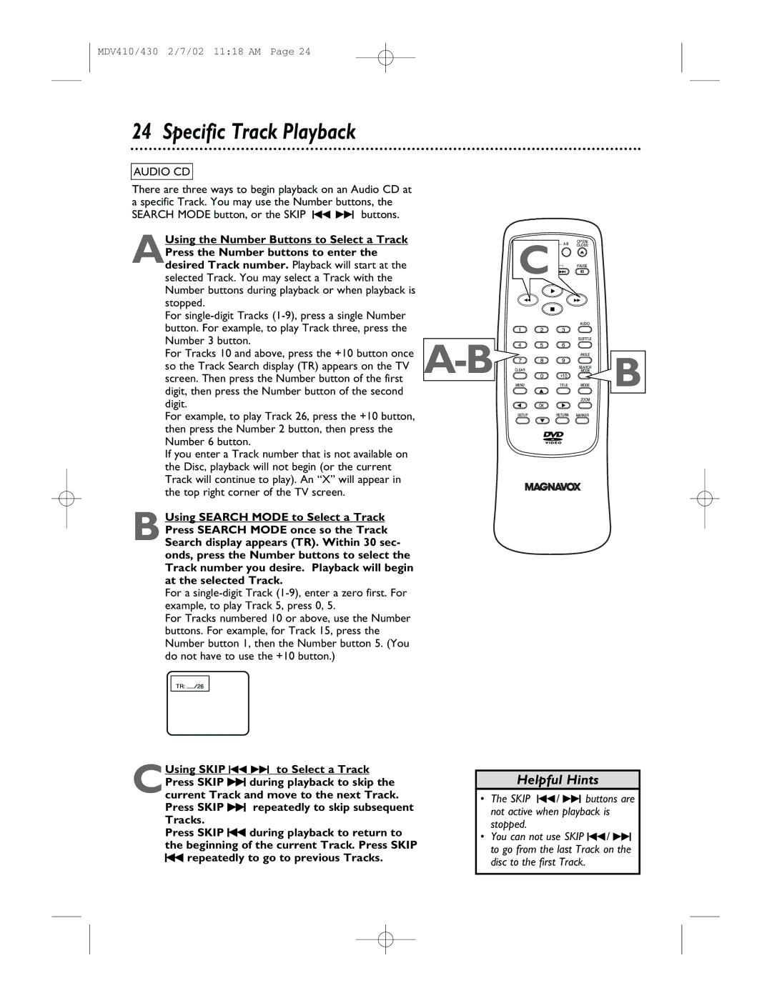 Magnavox MDV410, MDV430 owner manual Specific Track Playback 