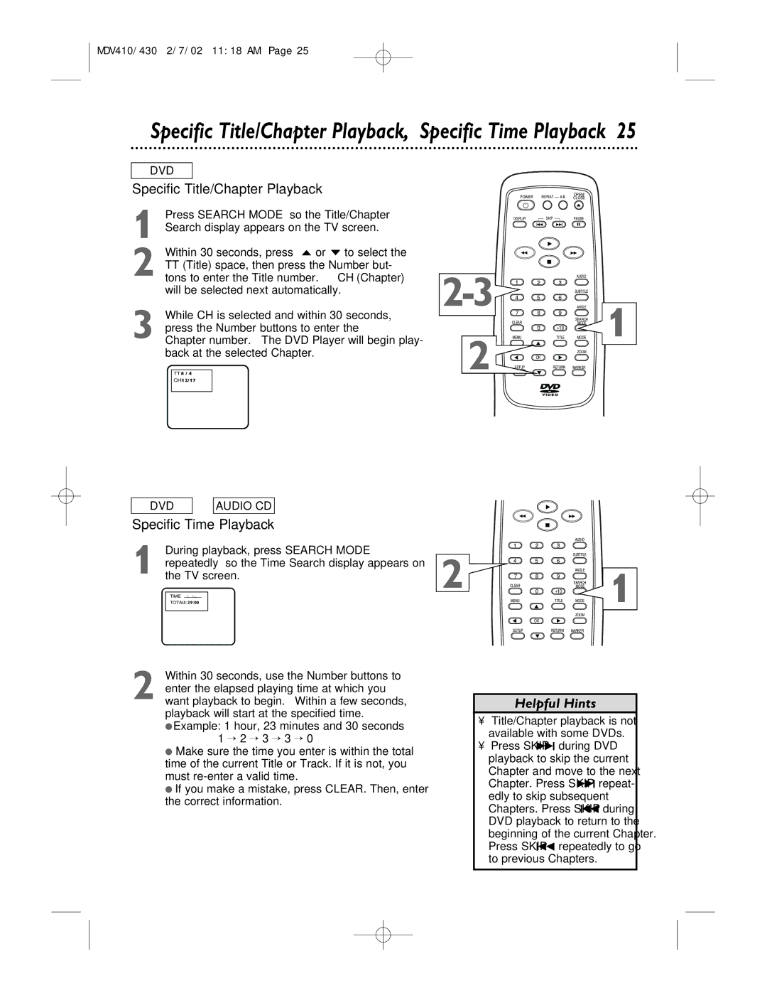 Magnavox MDV430, MDV410 owner manual Specific Title/Chapter Playback, Specific Time Playback 