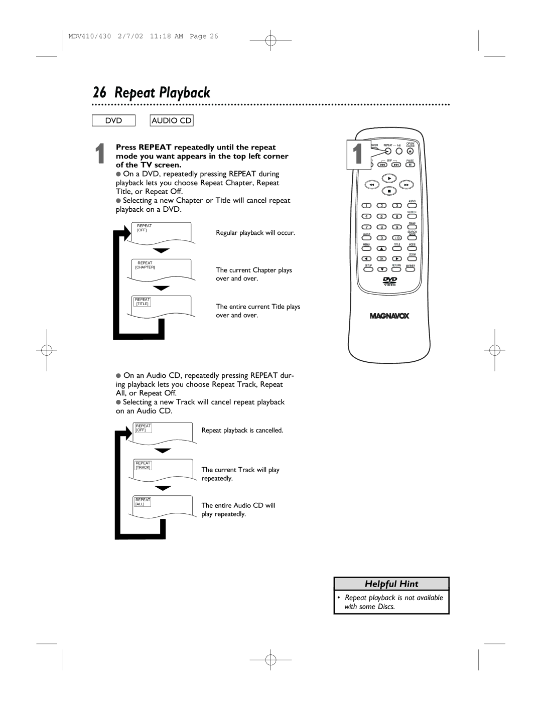 Magnavox MDV410, MDV430 owner manual Repeat Playback, Repeat playback is not available with some Discs 