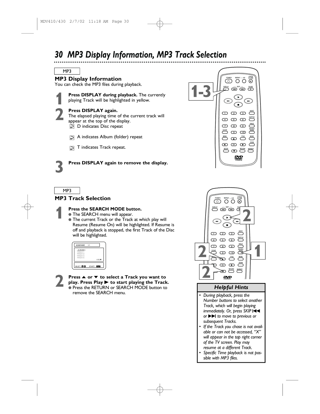 Magnavox MDV410, MDV430 owner manual 30 MP3 Display Information, MP3 Track Selection 