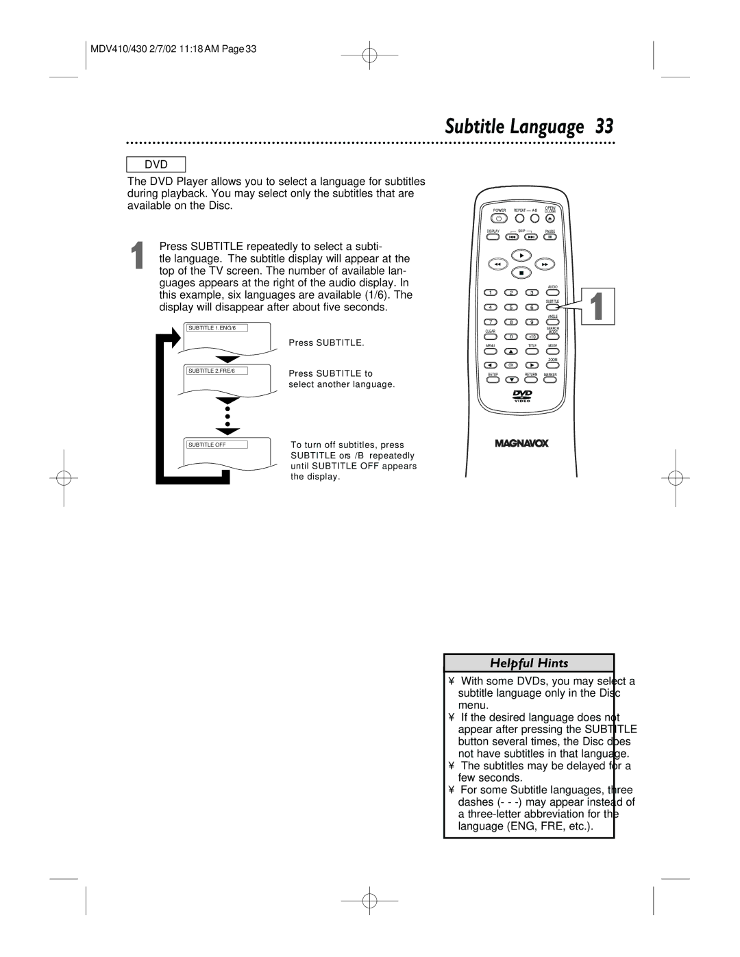 Magnavox MDV430 Subtitle Language, Press Subtitle repeatedly to select a subti, Subtitles may be delayed for a few seconds 