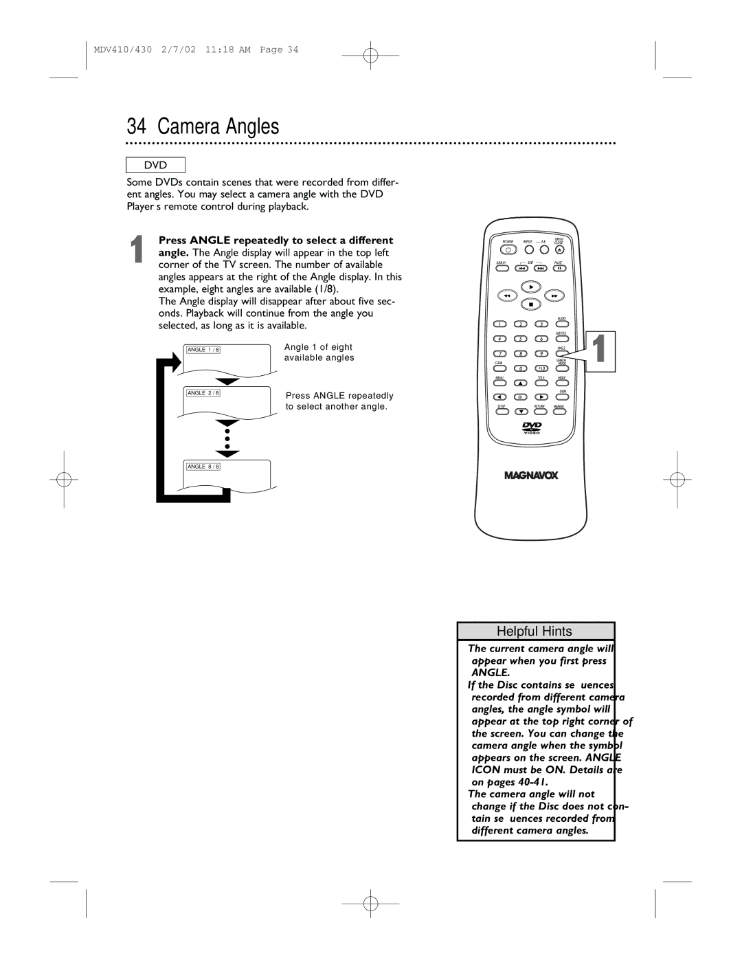 Magnavox MDV410, MDV430 owner manual Camera Angles, Press Angle repeatedly to select a different 