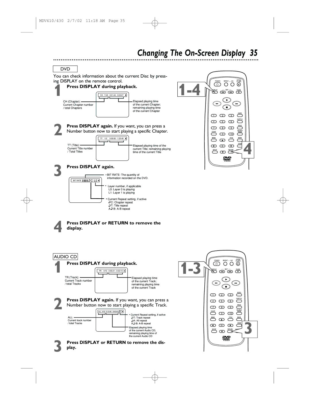 Magnavox MDV430, MDV410 Changing The On-Screen Display, Press Display during playback, Press Display or Return to remove 