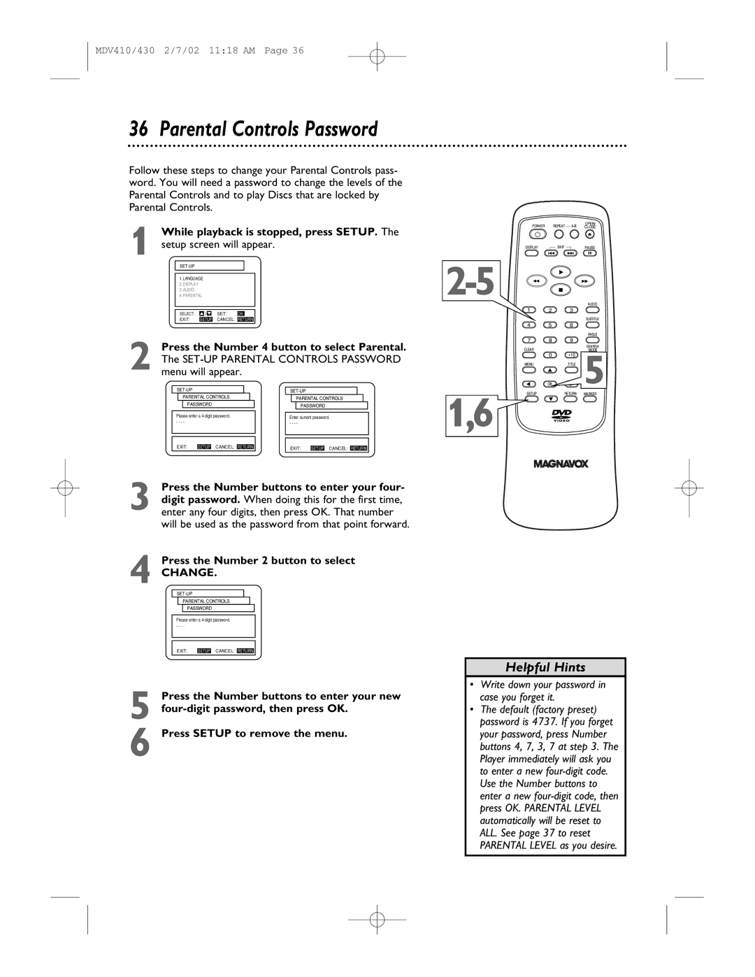 Magnavox MDV410, MDV430 owner manual While playback is stopped, press SETUP, Press the Number 4 button to select Parental 