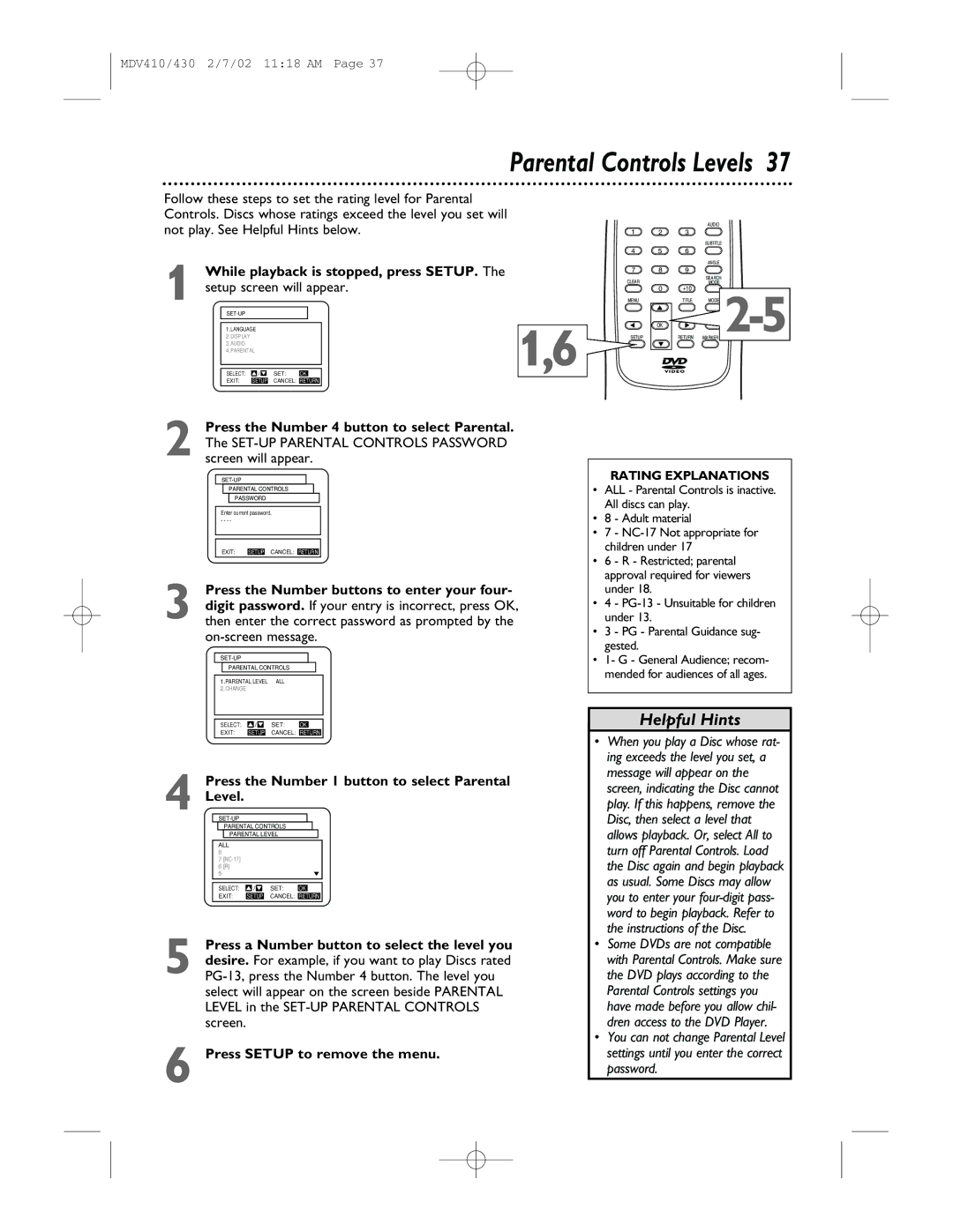 Magnavox MDV430, MDV410 owner manual Parental Controls Levels, SET-UP Parental Controls Password screen will appear 