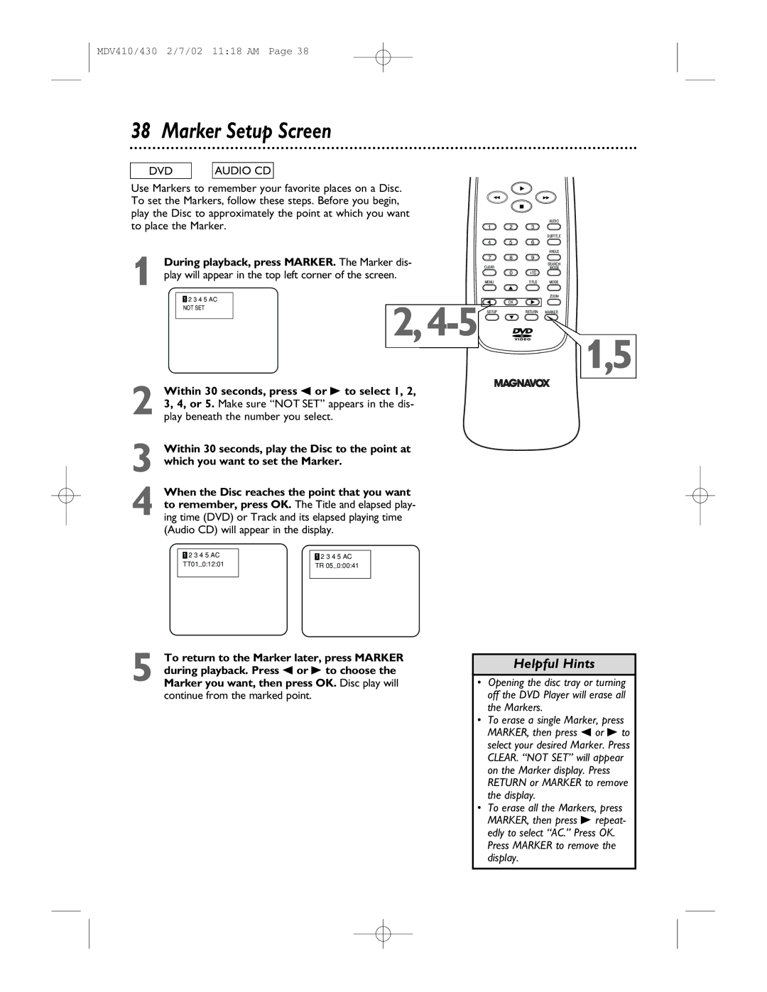 Magnavox MDV410 Marker Setup Screen, During playback, press MARKER. The Marker dis, Press Marker to remove the display 