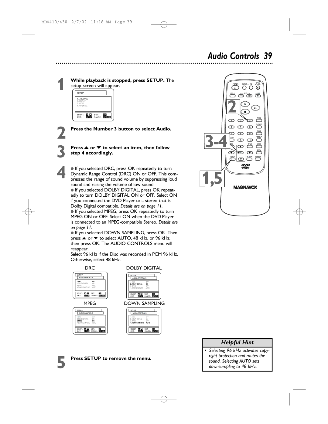 Magnavox MDV430, MDV410 owner manual Audio Controls, Drc 