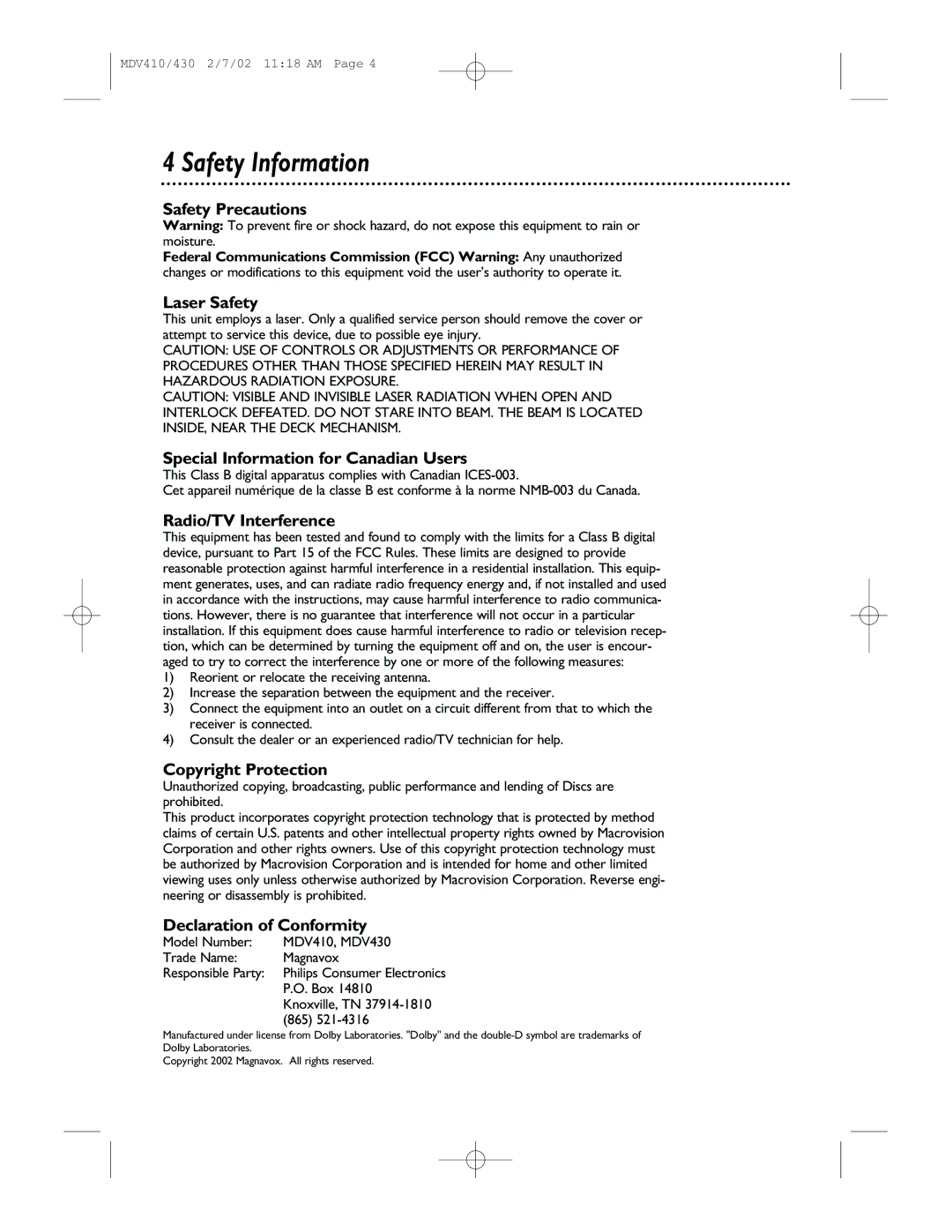 Magnavox MDV410, MDV430 owner manual Safety Information 