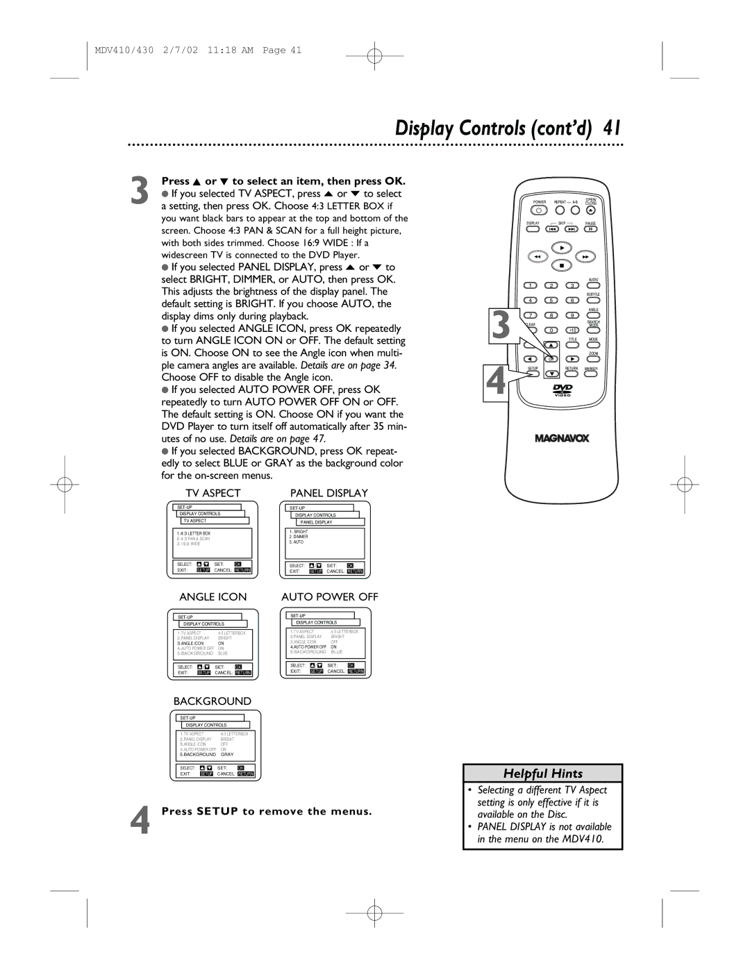 Magnavox MDV430 Display Controls cont’d, Press K or L to select an item, then press OK, Utes of no use. Details are on 