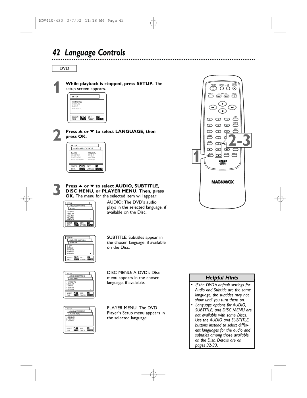 Magnavox MDV410, MDV430 owner manual Language Controls, Press o or p to select LANGUAGE, then Press OK 