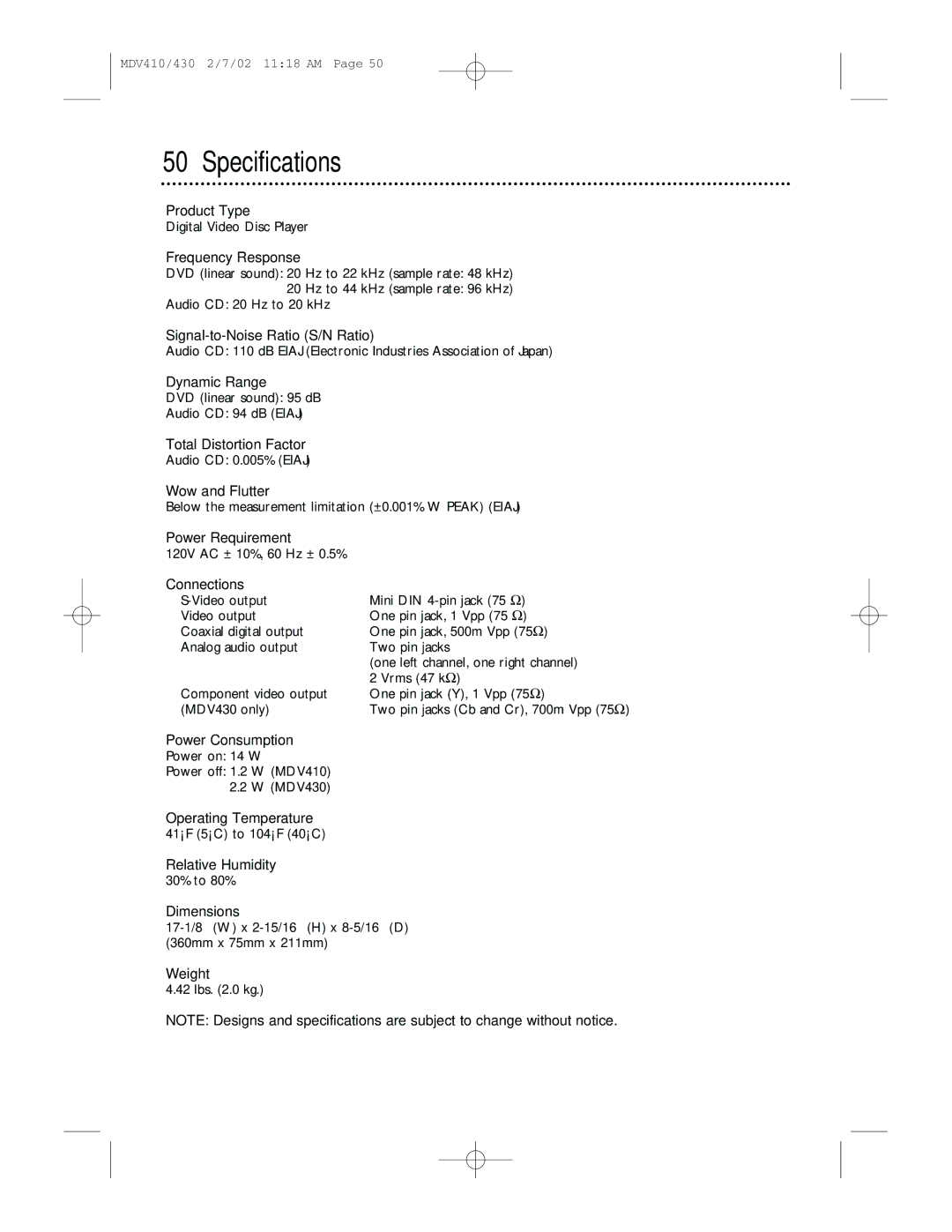 Magnavox MDV430, MDV410 owner manual Specifications 