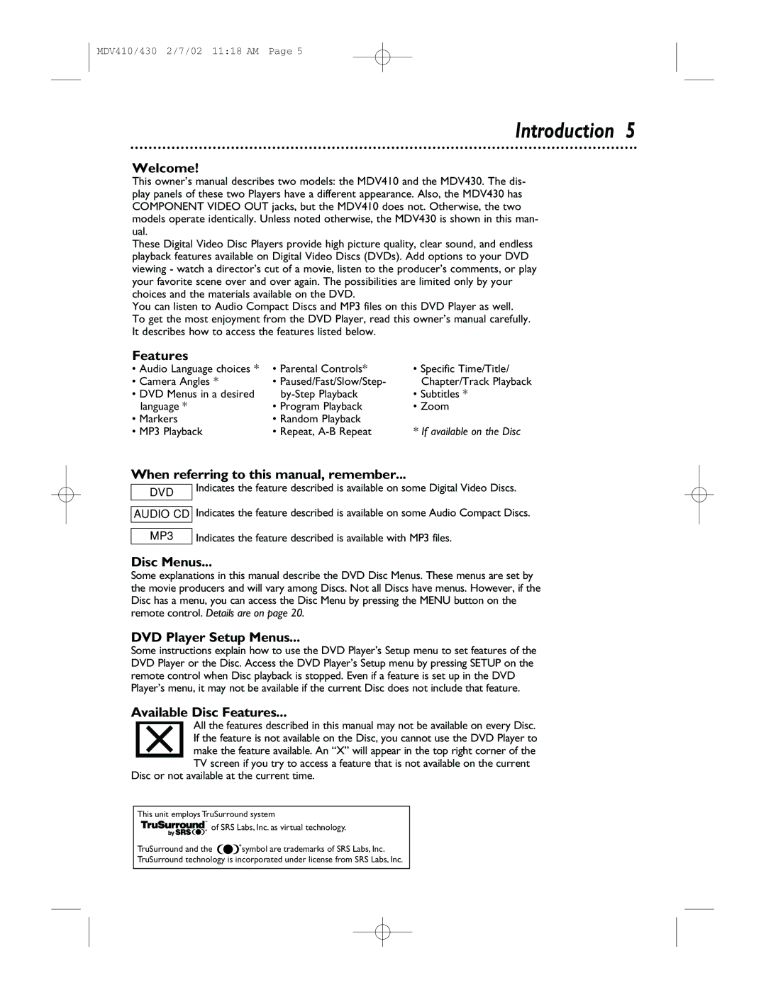 Magnavox MDV430, MDV410 owner manual Introduction 