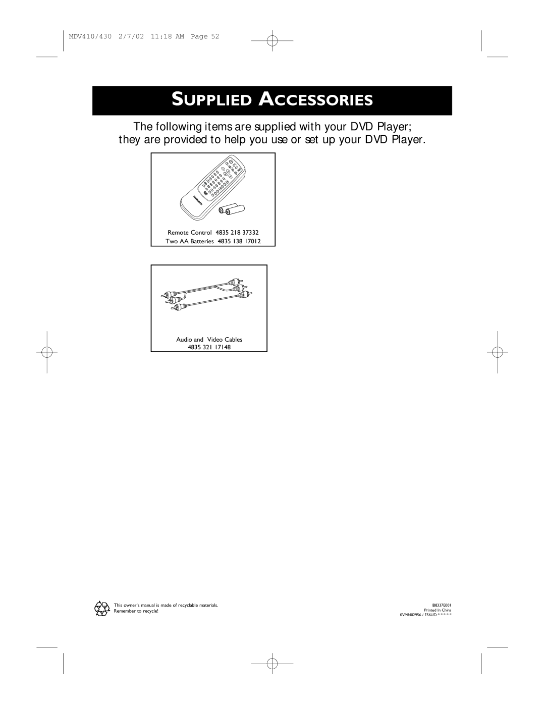 Magnavox MDV430, MDV410 owner manual Supplied Accessories 