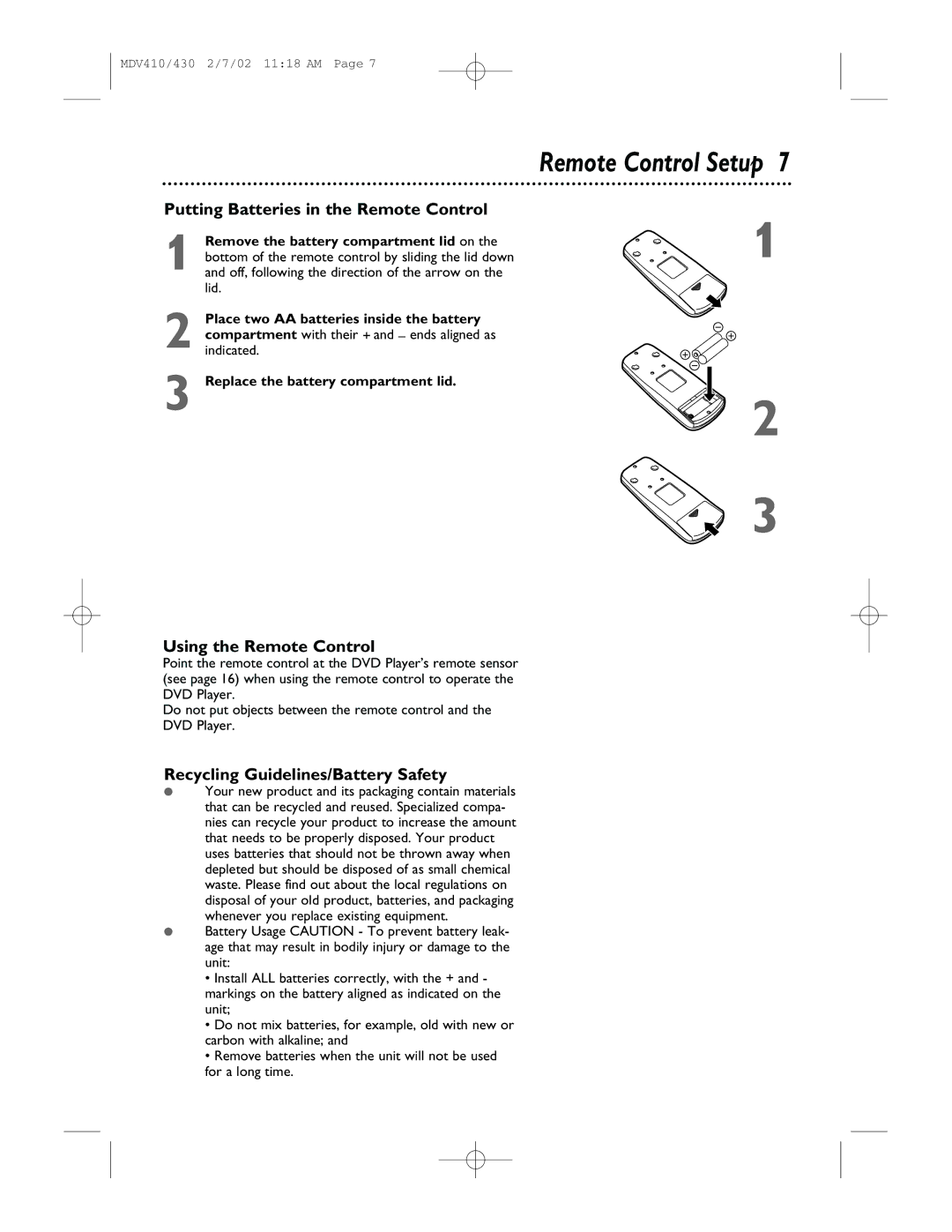 Magnavox MDV430, MDV410 owner manual Remote Control Setup, Putting Batteries in the Remote Control, Using the Remote Control 