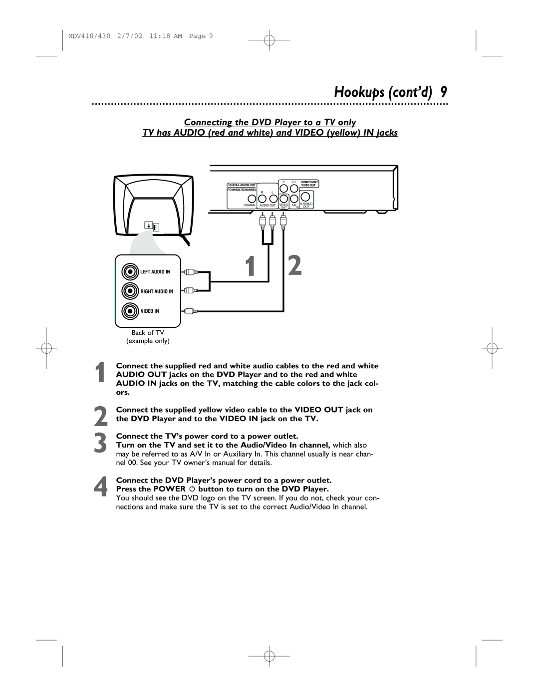 Magnavox MDV430, MDV410 owner manual Hookups cont’d 