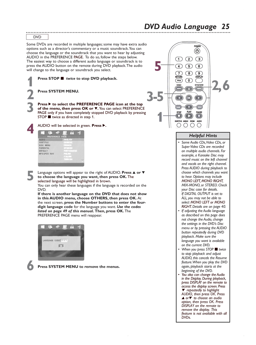 Magnavox MDV422 owner manual DVD Audio Language, Press System Menu to remove the menus 