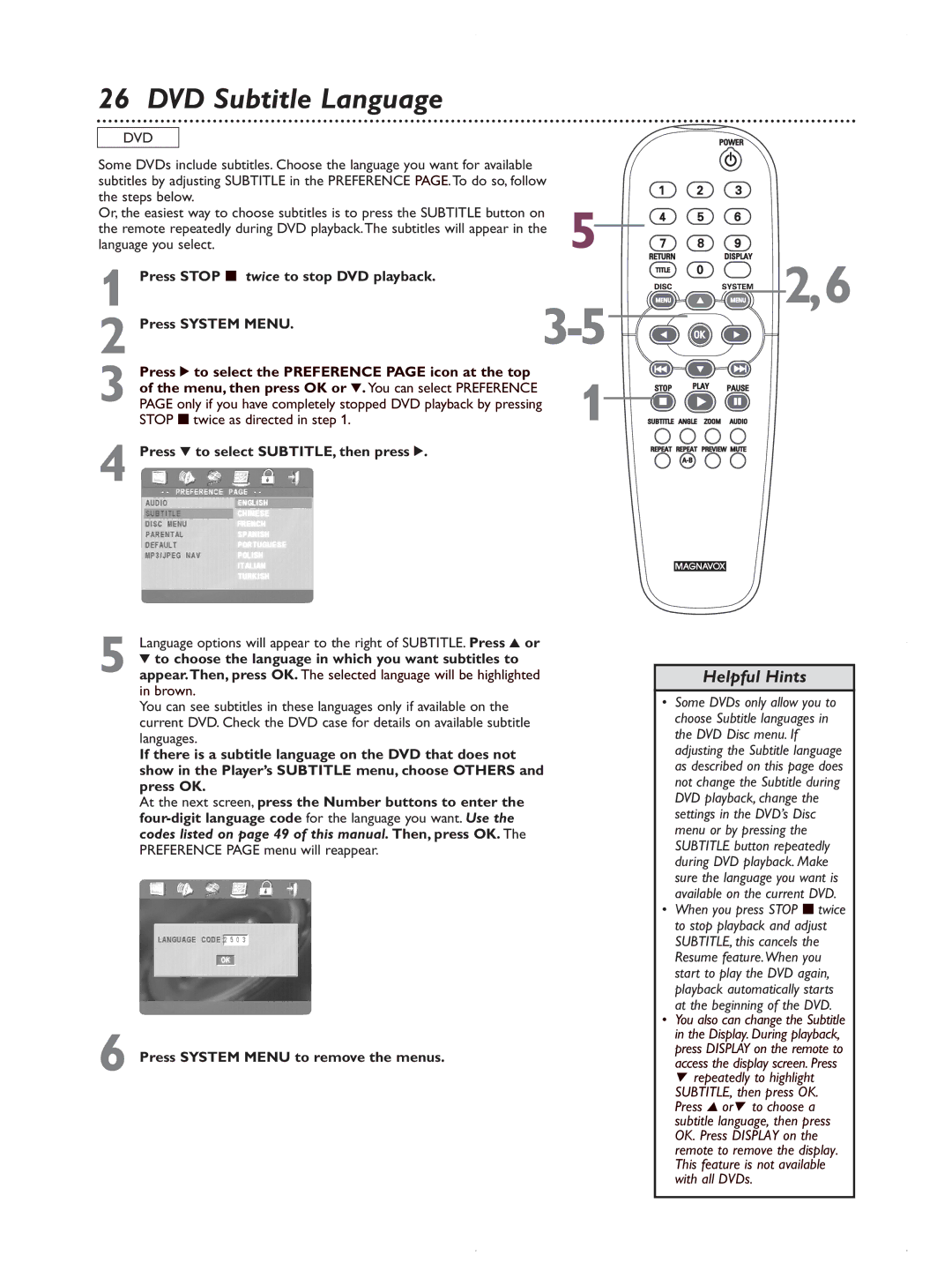 Magnavox MDV422 owner manual DVD Subtitle Language, Press 4 to select SUBTITLE, then press 