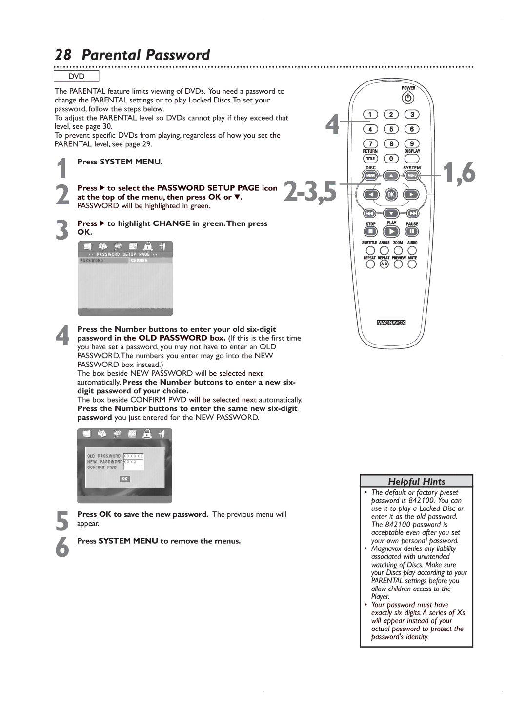 Magnavox MDV422 owner manual Parental Password 