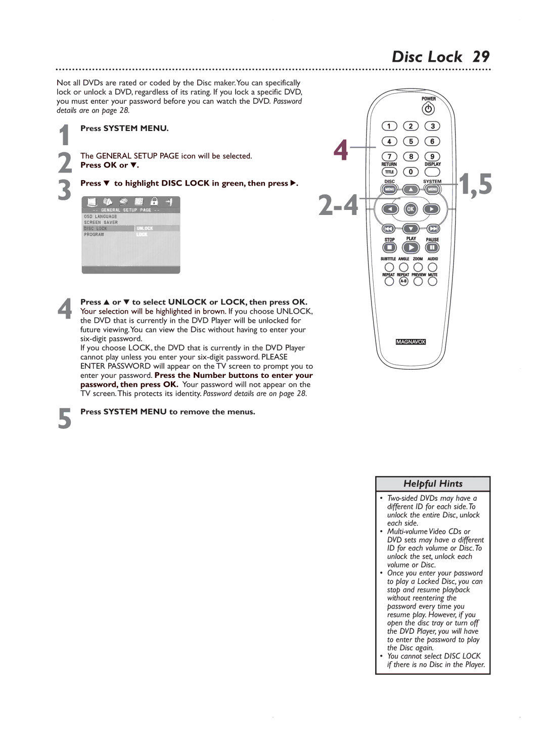 Magnavox MDV422 owner manual Disc Lock, Press System Menu 