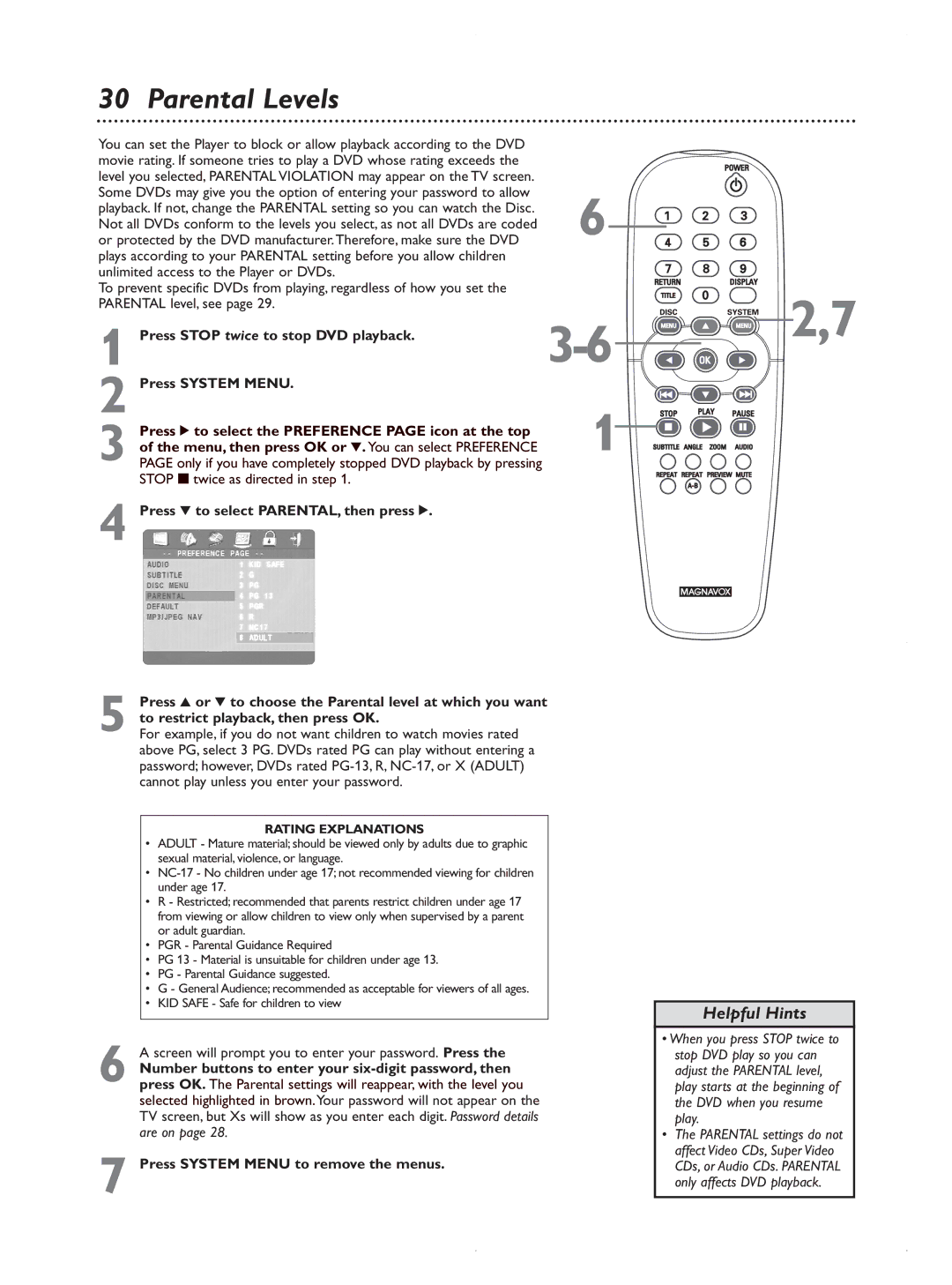 Magnavox MDV422 owner manual Parental Levels, Rating Explanations 