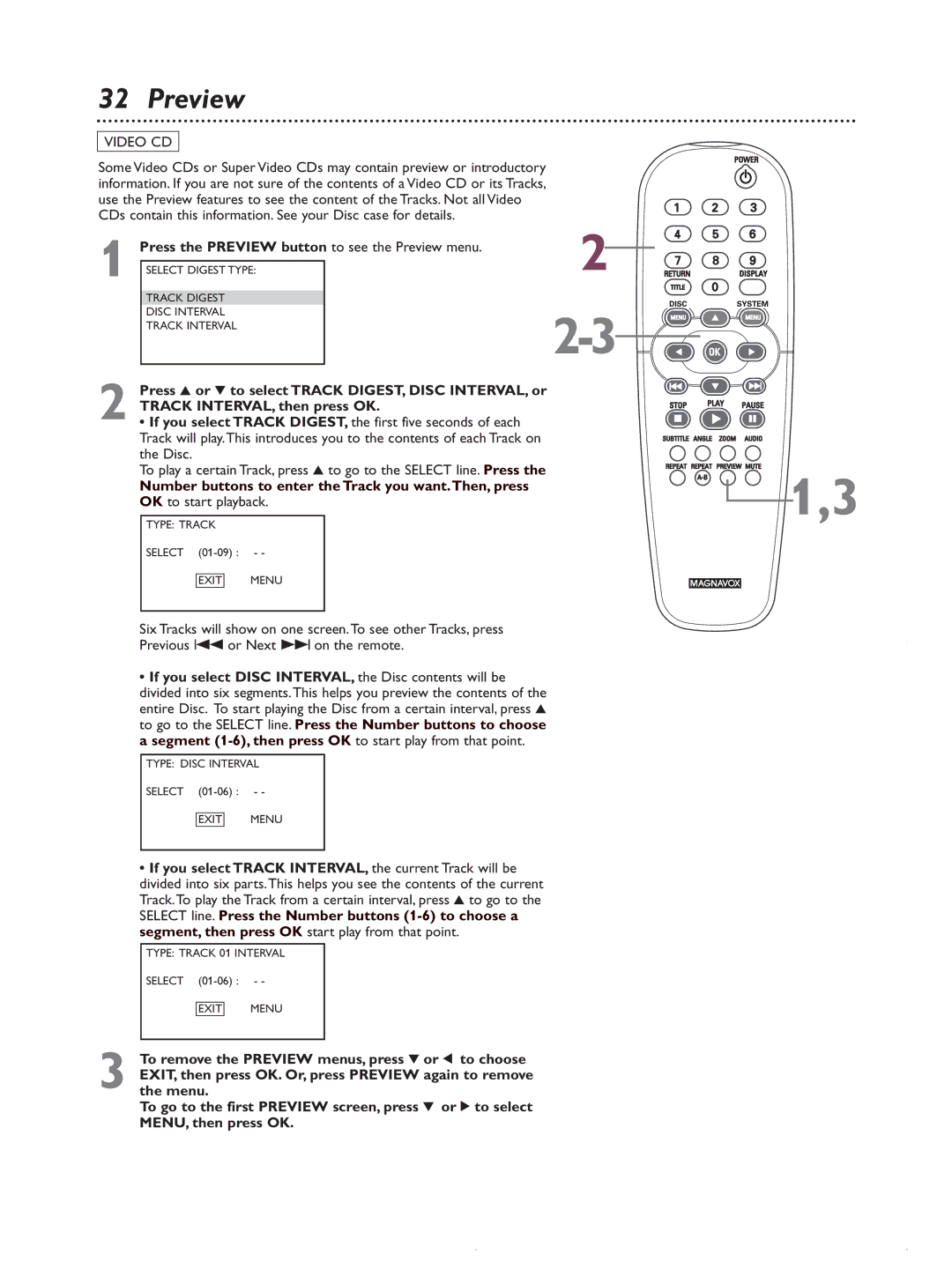 Magnavox MDV422 owner manual Press the Preview button to see the Preview menu 