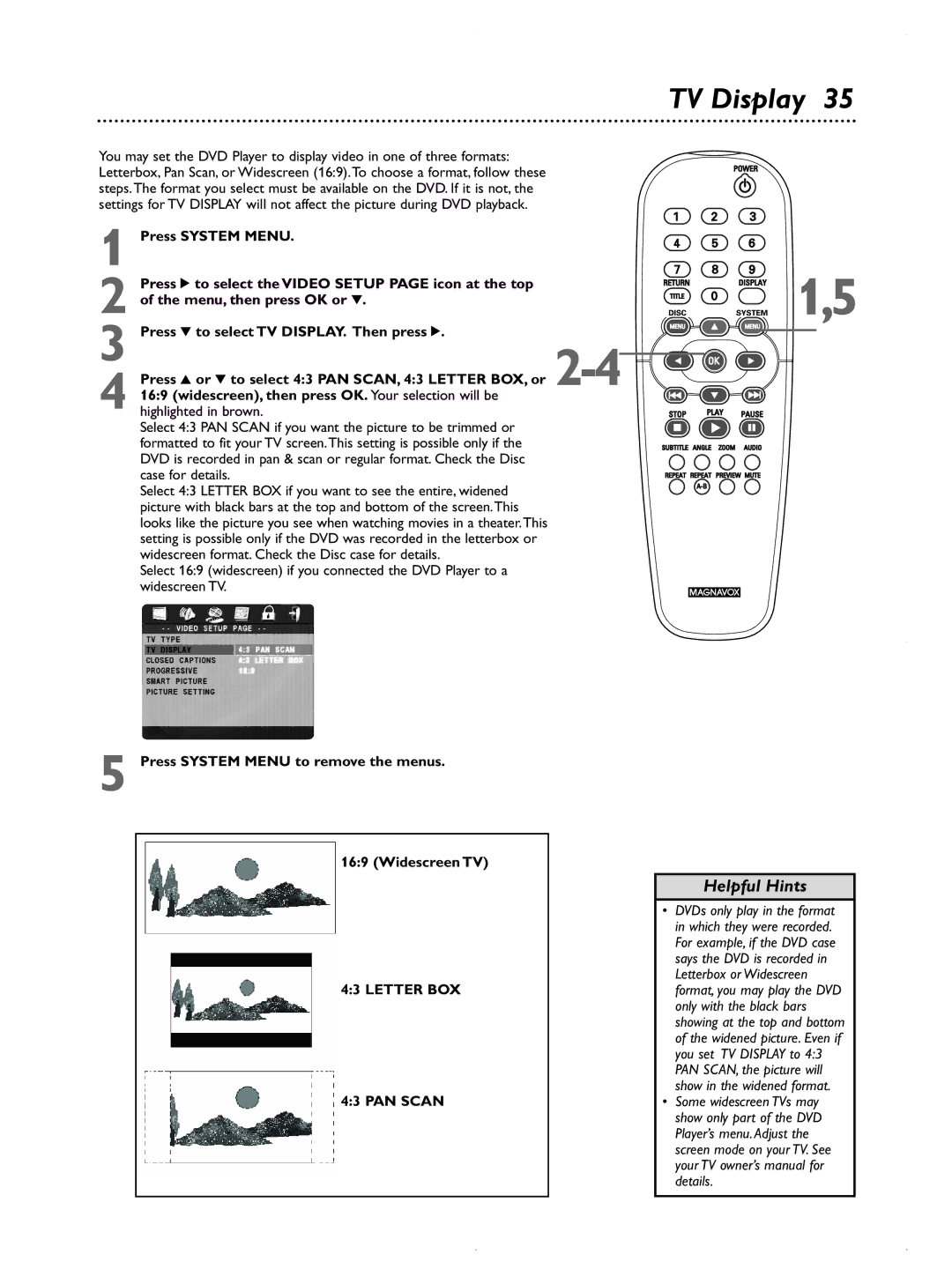 Magnavox MDV422 owner manual TV Display, Press System Menu to remove the menus Widescreen TV 