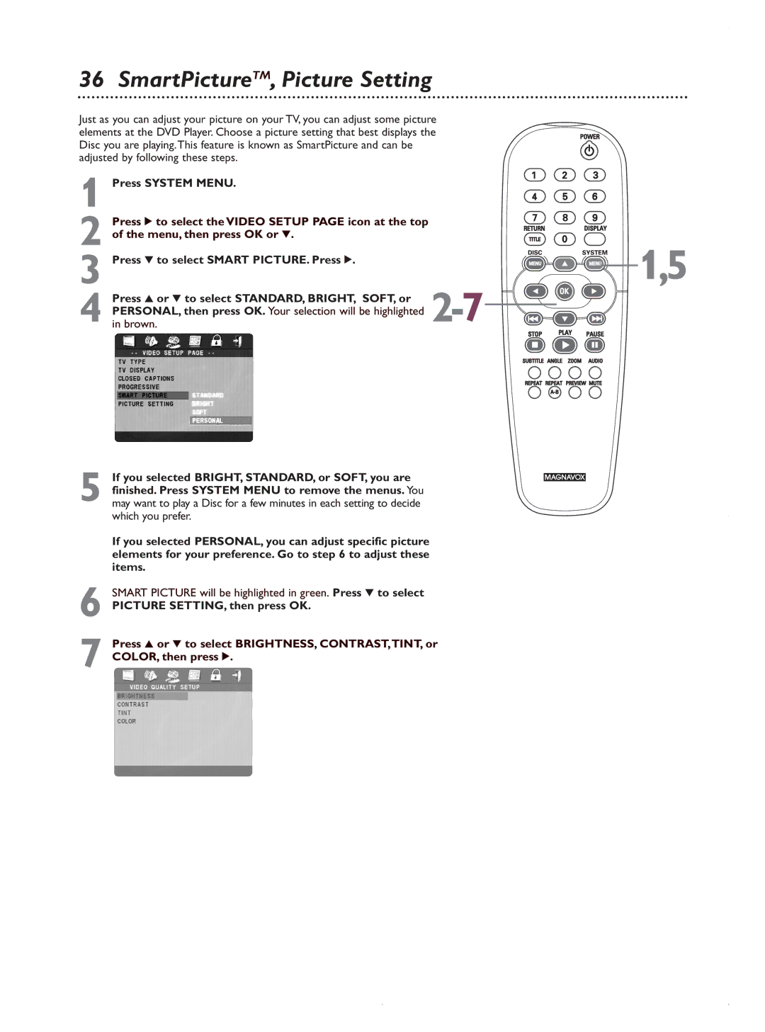 Magnavox MDV422 owner manual SmartPictureTM, Picture Setting 