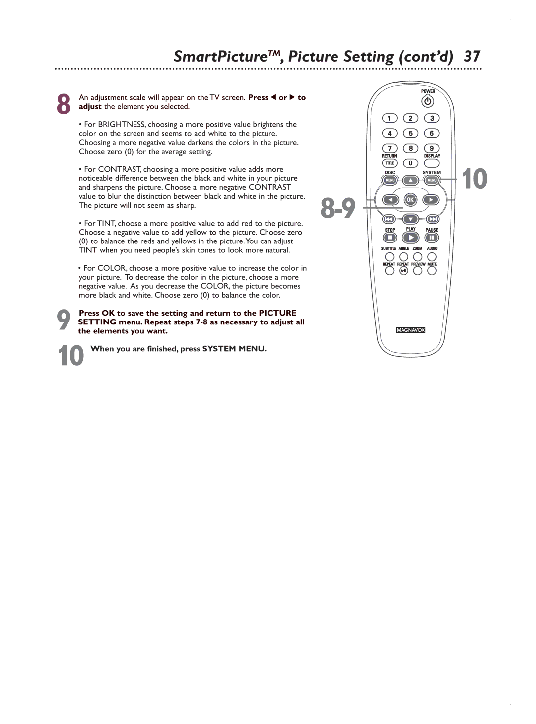 Magnavox MDV422 owner manual SmartPicture TM, Picture Setting cont’d 