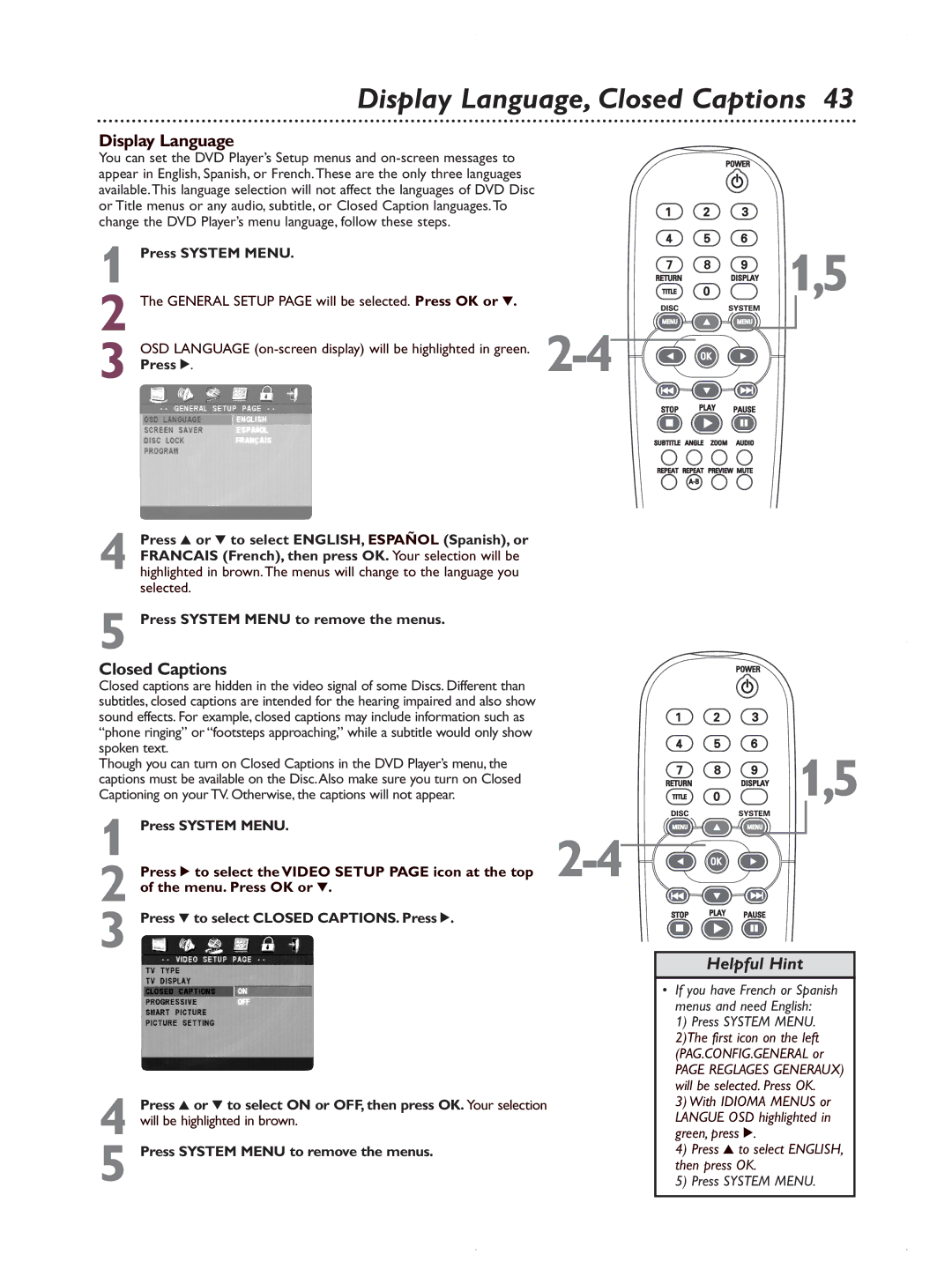 Magnavox MDV422 owner manual Display Language, Closed Captions 