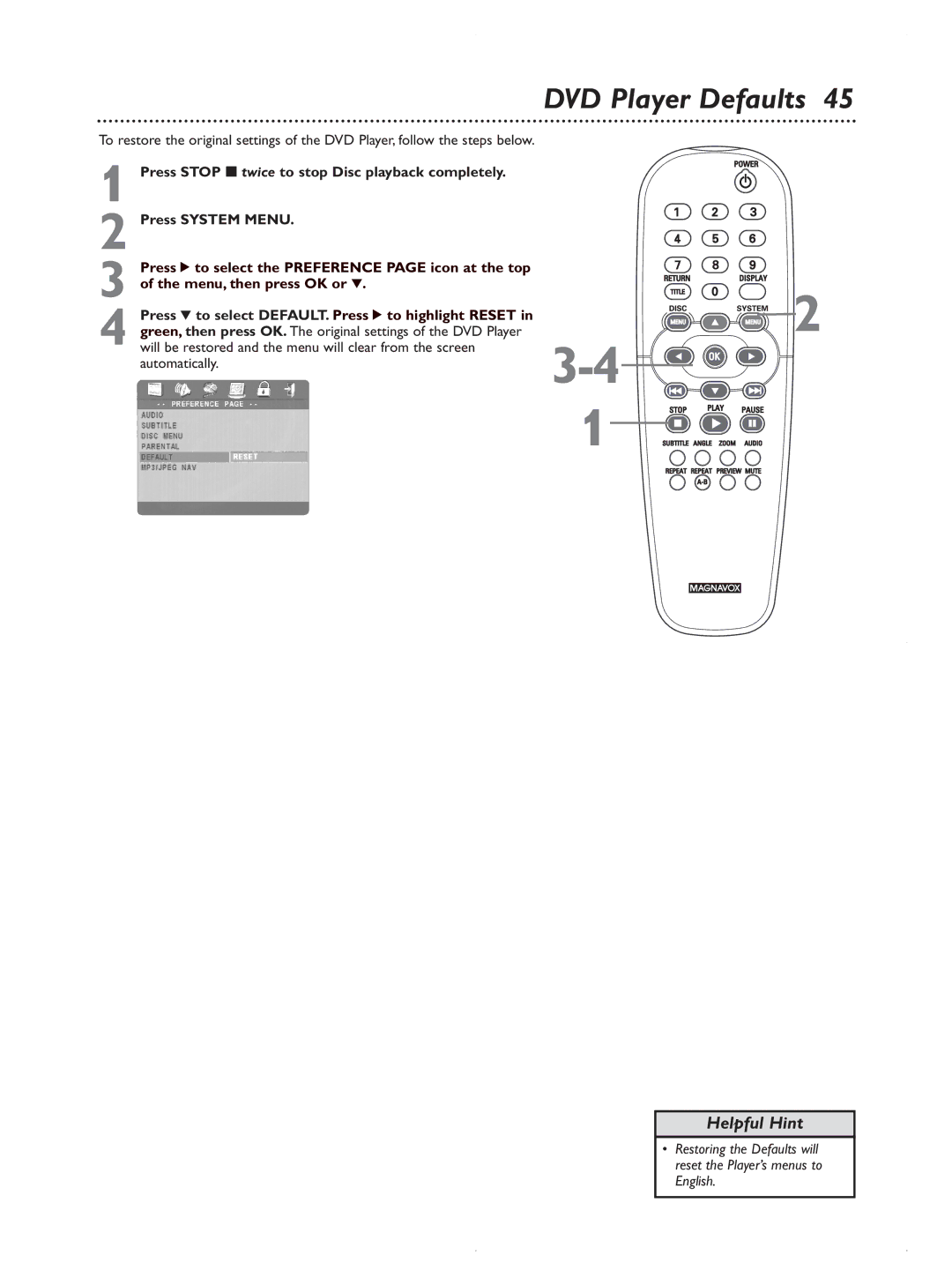 Magnavox MDV422 owner manual DVD Player Defaults 