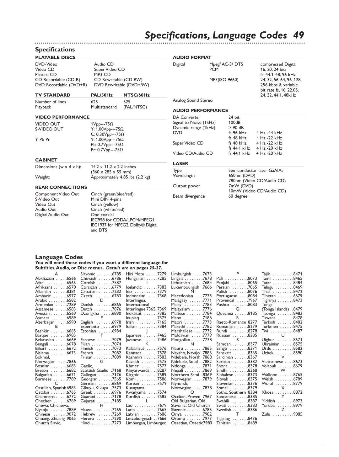 Magnavox MDV422 owner manual Specifications, Language Codes 