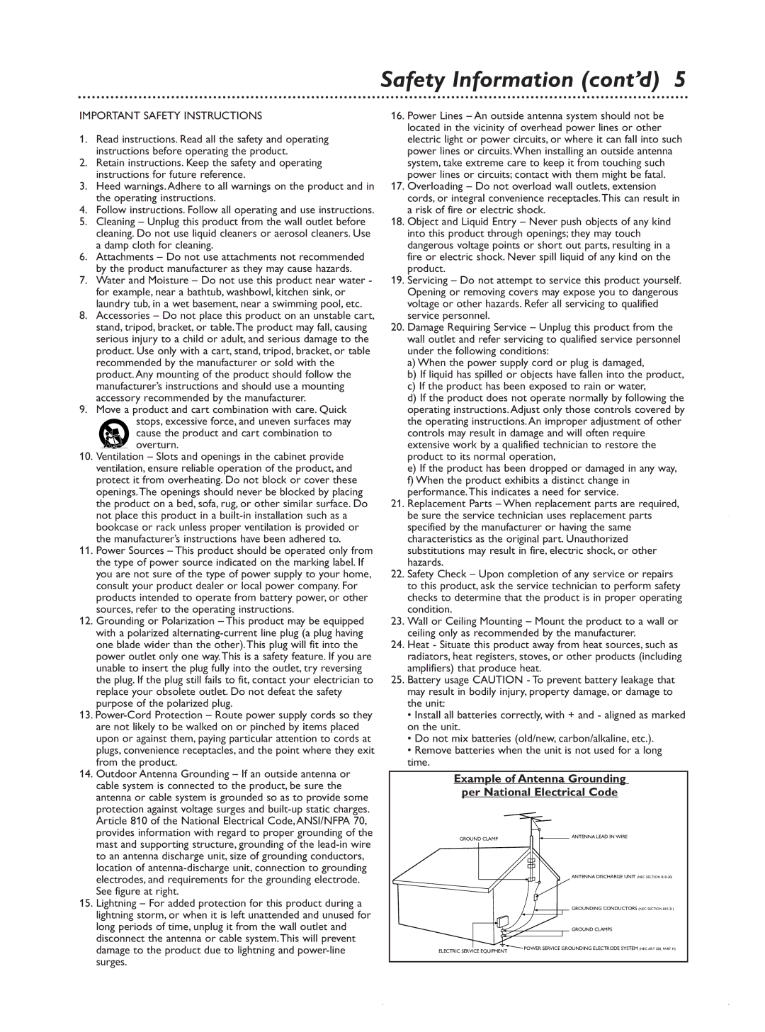 Magnavox MDV422 owner manual Safety Information cont’d, Example of Antenna Grounding per National Electrical Code 