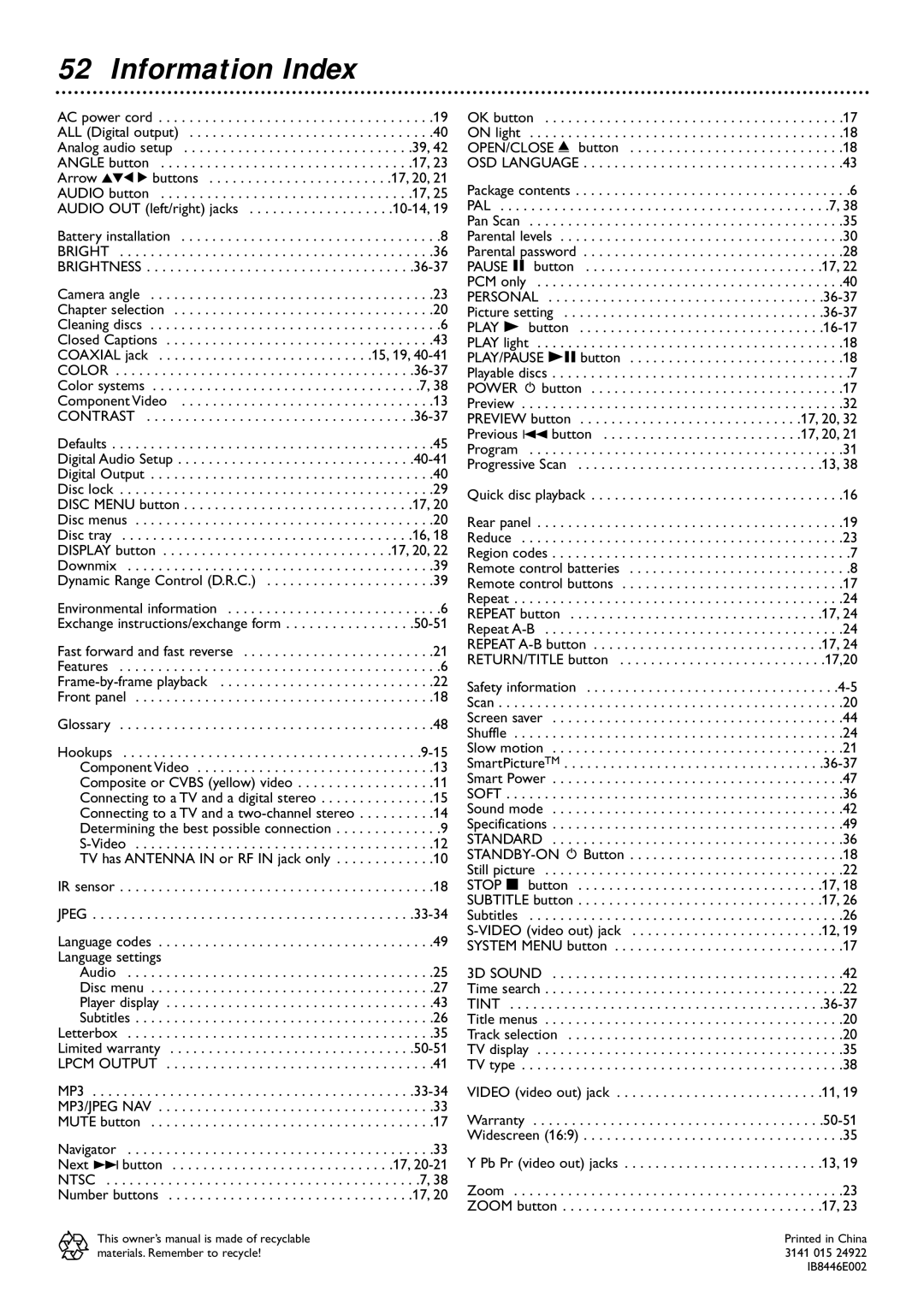 Magnavox MDV422 owner manual Information Index, Contrast 