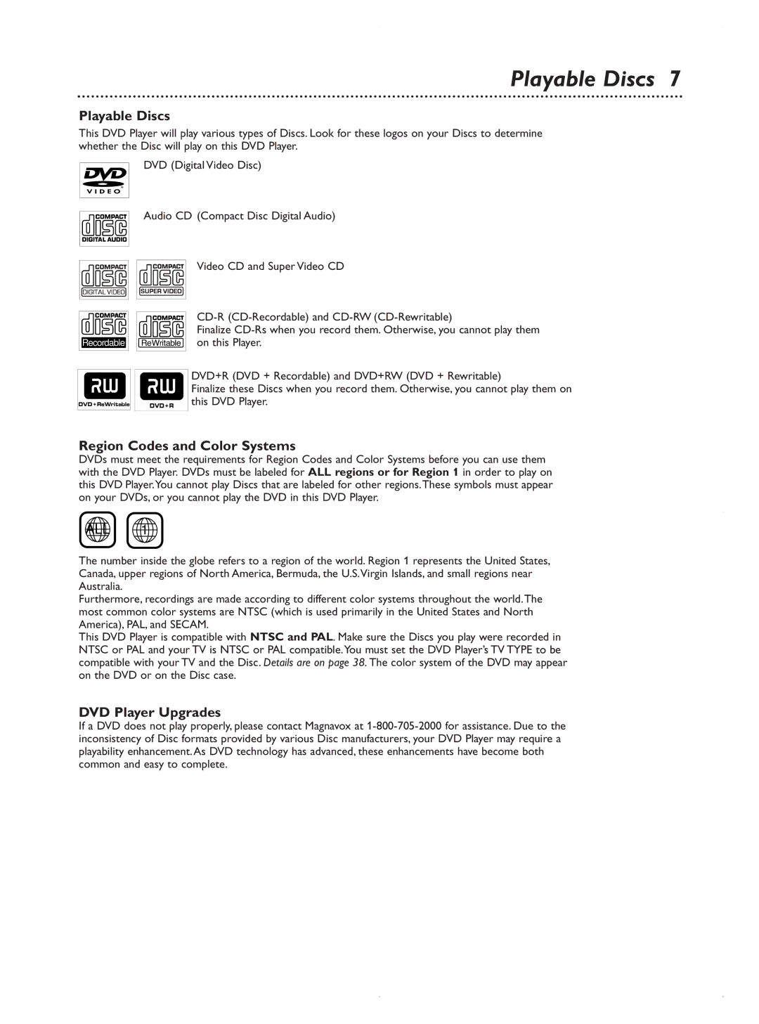 Magnavox MDV422 owner manual Playable Discs, Region Codes and Color Systems, DVD Player Upgrades 