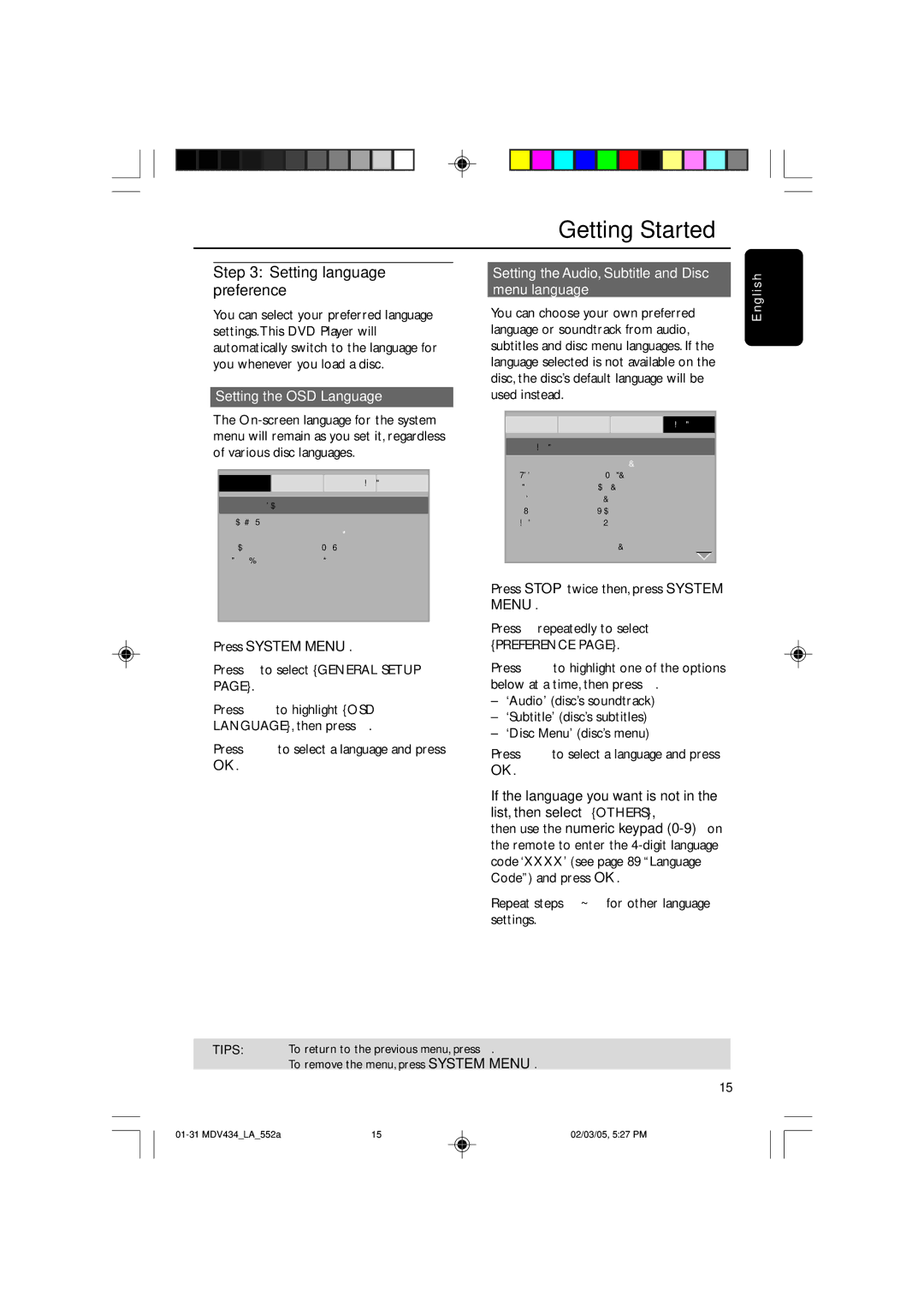 Magnavox MDV434 Setting language preference, Setting the OSD Language, Setting the Audio, Subtitle and Disc menu language 