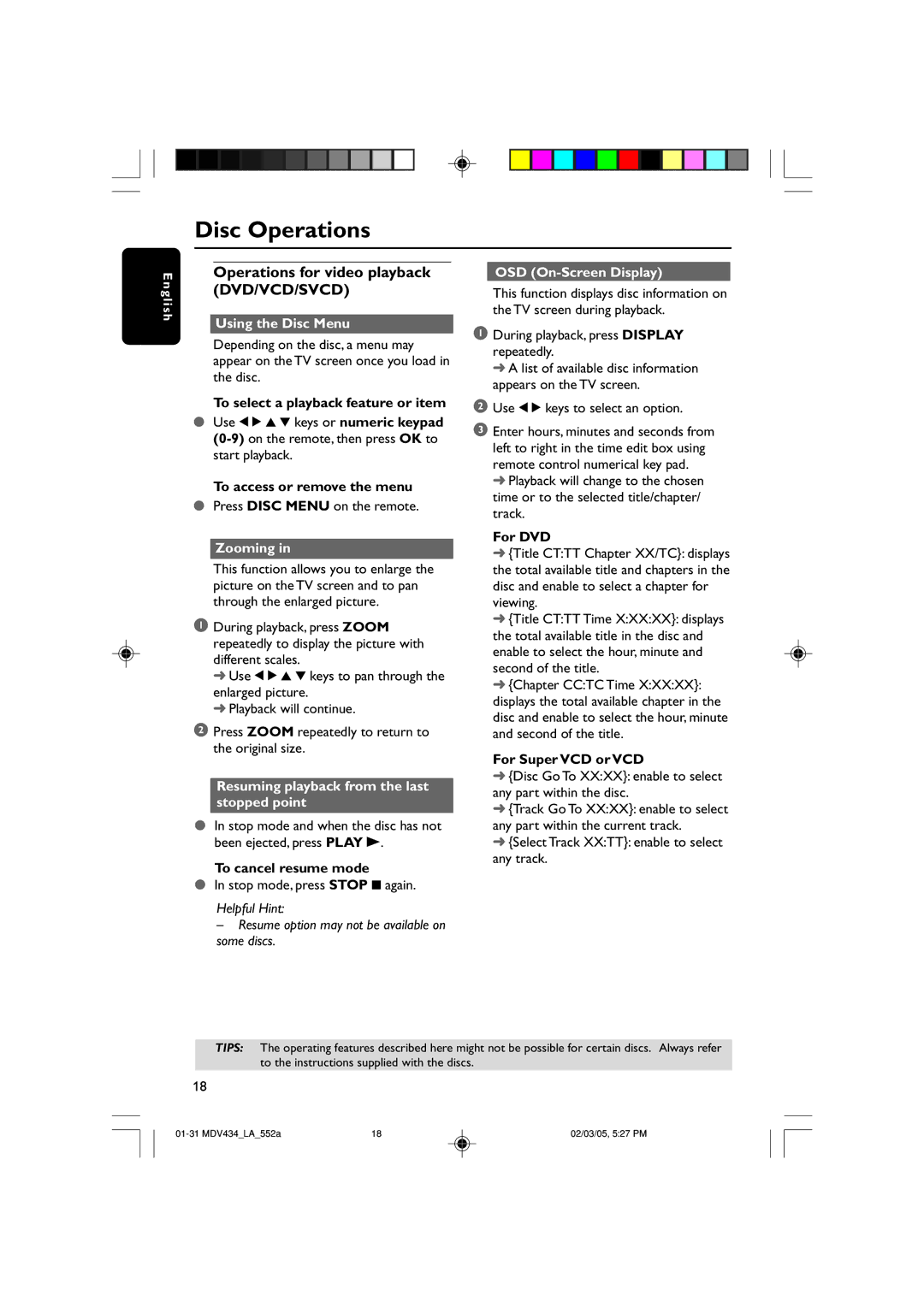 Magnavox MDV434 manual Operations for video playback DVD/VCD/SVCD, Using the Disc Menu, Zooming, OSD On-Screen Display 