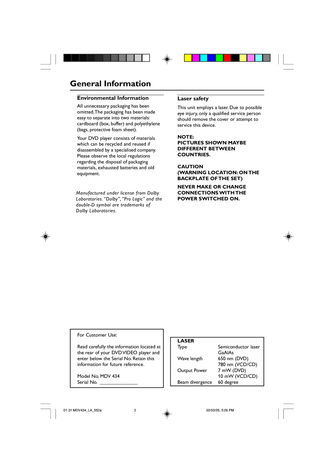 Magnavox MDV434 manual General Information, Environmental Information, Laser safety 